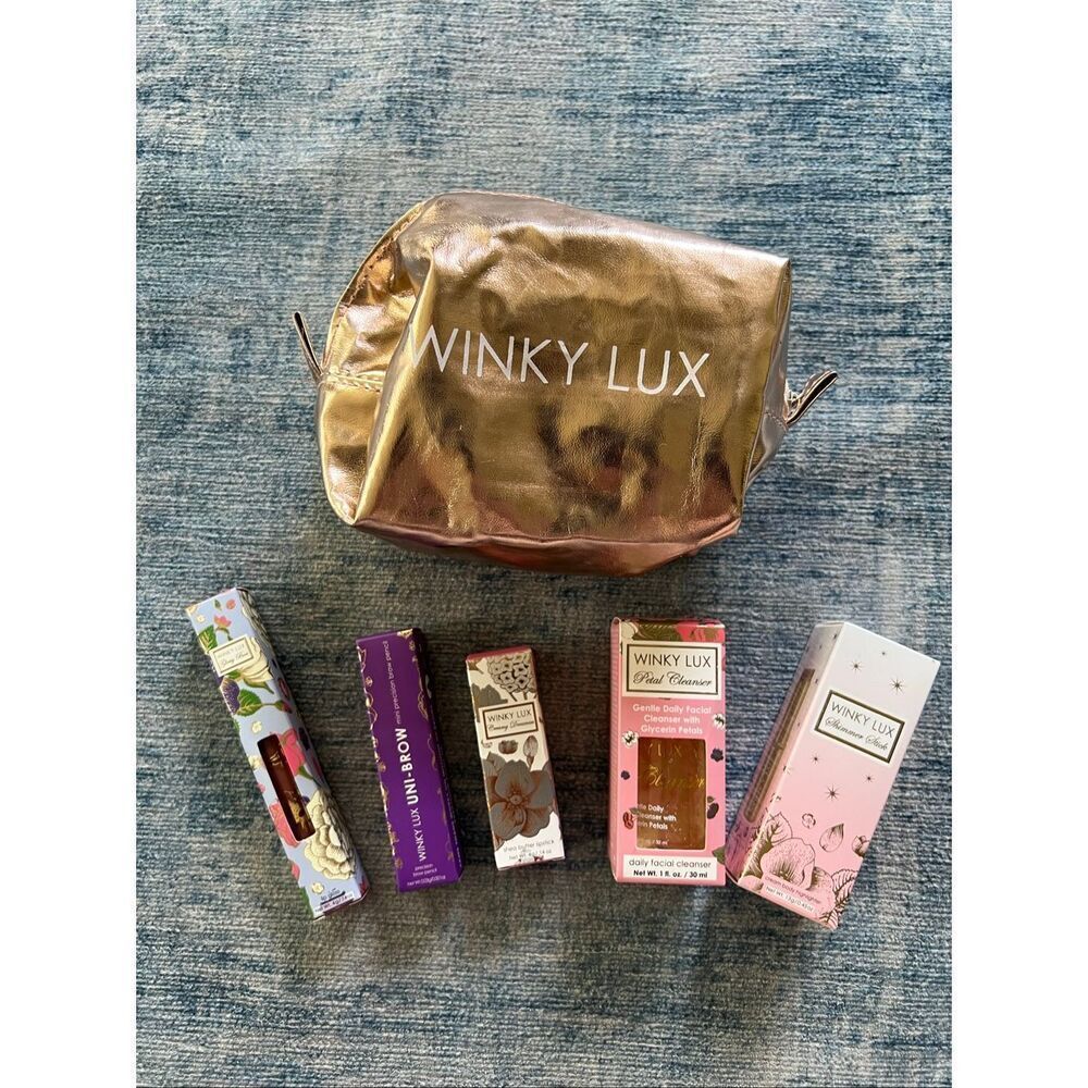 Winky Lux Rose Gold Travel Bag Brow Pencil Lip Gloss Lipstick Cleanser
